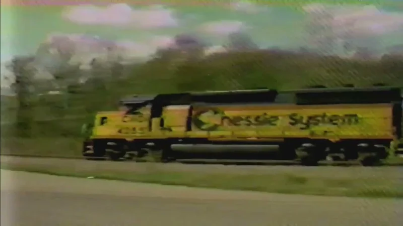 A Chessie System locomotive on the Lexington Subdivision local at Olive Hill, Kentucky, from a television news broadcast