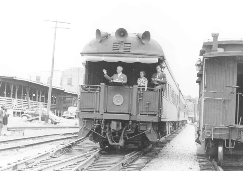 President Truman waving from the rear platform at Mt. Sterling, Kentucky, October 1, 1948